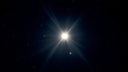 Brilliant white star radiating intense light against the vast darkness of space. Surrounded by smaller distant stars, its glowing rays extend outward, creating a sense of tranquility.