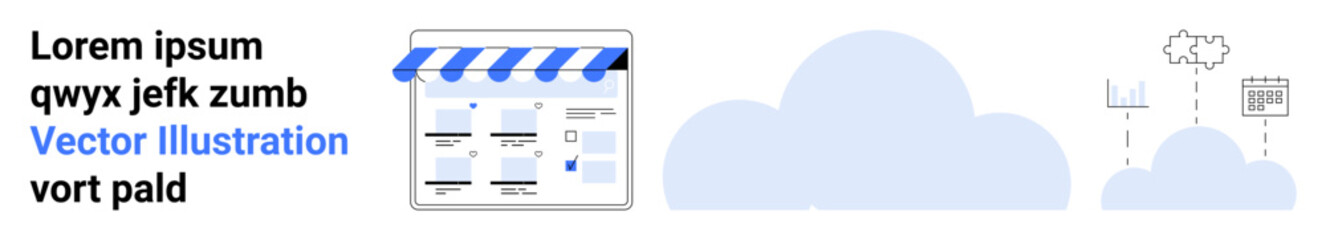 Cartoon-style storefront with an awning, documents inside adjoining cloud icons with data graphs and cloud upload symbol. Ideal for e-commerce, cloud services, data analysis, online marketing