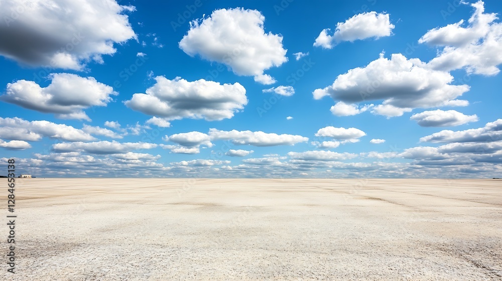 Poster expansive view of a vast desert landscape under a bright blue sky filled with fluffy white clouds : 