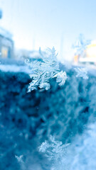 Winter frost patterns on glass. Ice crystals or cold winter background.