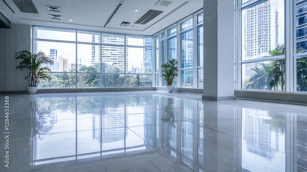 Poster modern indoor office space with large windows allowing natural light and reflections on tiles : gene