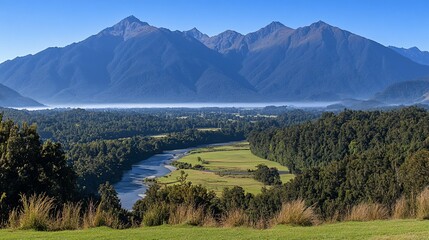 Fototapeta premium River valley scenic vista, mountains, morning mist, tourism