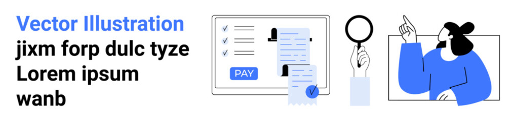 Payment checklist with documents, magnifying glass, and person explaining concepts. Ideal for finance, transactions, auditing, compliance, consultation, decision-making abstract line flat metaphor
