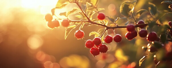Fototapeta premium Sunlit red berries on branch with foliage in golden evening light
