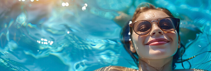Naklejka premium Smiling woman in sunglasses floating in blue water. Happy summer vacation lifestyle. Relax and carefree leisure. Advertising banner.