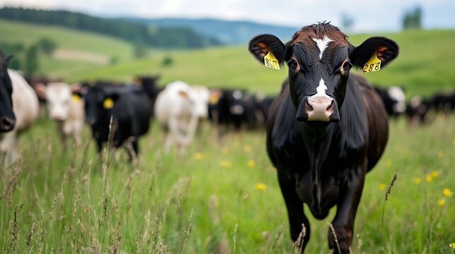 Curious black and white cow standing in a lush green field surrounded by other grazing cattle : Generative AI