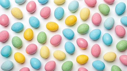 Obraz premium Colorful Easter eggs green. pink, yellow, and blue on a white background, top view, creating a festive spring vibe