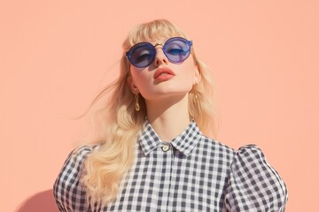 Obraz premium woman wearing a chic, black-and-white gingham dress with structured puffed sleeves, a button-down front, and tailored seams