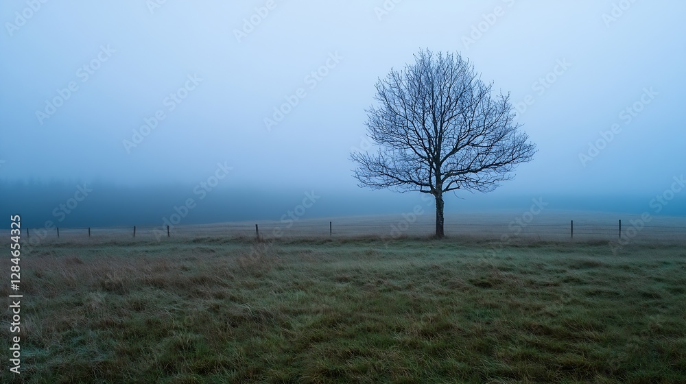 Poster Lonely bare tree standing in a foggy field surrounded by grass and mist : Generative AI