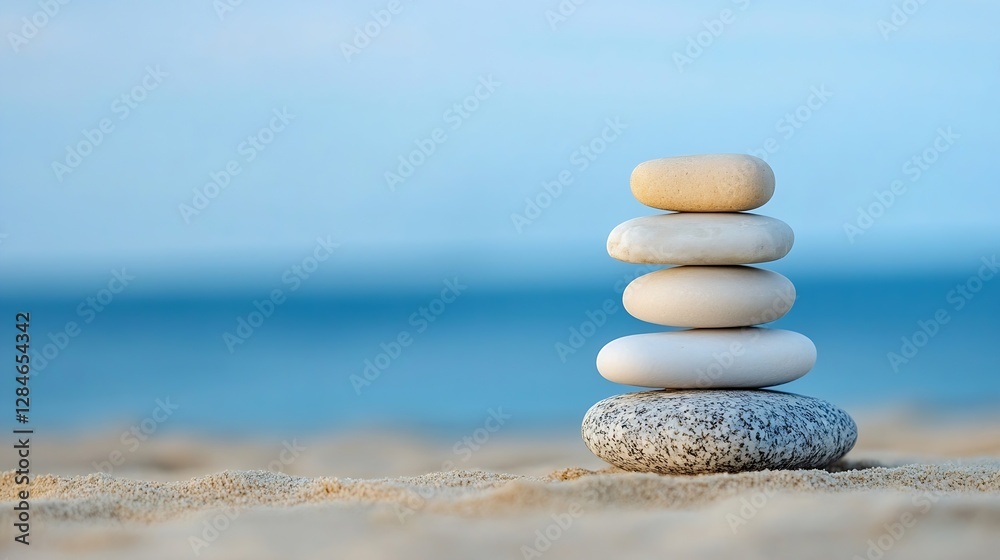 Poster Balanced stack of smooth stones on sandy beach representing tranquility and harmony in nature : Generative AI