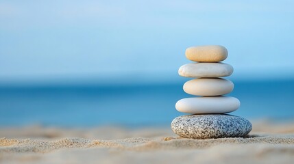 Fototapeta premium Balanced stack of smooth stones on sandy beach representing tranquility and harmony in nature : Generative AI