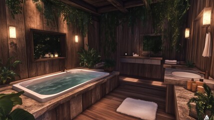 Fototapeta premium Luxury spa-style bathroom with a deep soaking tub, soft warm lighting, marble countertops, and wooden textures, relaxing atmosphere