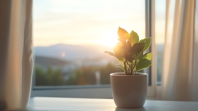 Charming indoor plant soaking up sunlight by the window with a beautiful sunset view : Generative AI