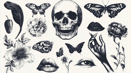 Vintage floral skull and butterfly graphic elements