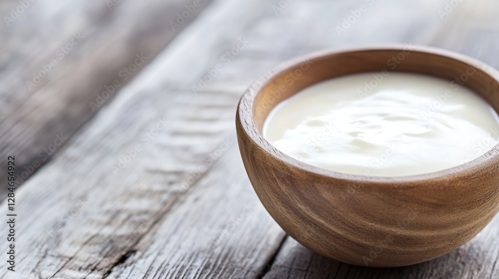 Poster creamy yogurt in a wooden bowl resting on a rustic wooden surface for a wholesome view : generative 