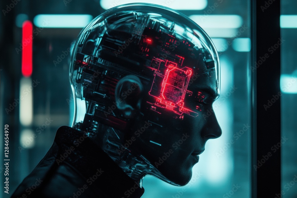 Poster Profile view of a futuristic human head showcasing mechanical structures and glowing cybernetic implants. Generative AI