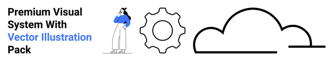 Woman pondering, gear symbolizing process, cloud symbolizing web or tech. Ideal for tech innovation, process optimization, creativity, brainstorming, cloud computing, business strategy flat landing