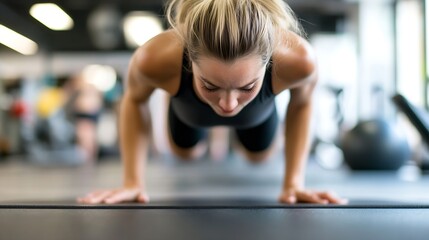 Fit young woman focused on completing push ups in modern gym showcasing determination and strength during workout session : Generative AI