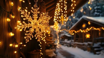 Golden Christmas lights sparkle with a blurred bokeh glow on a snow-laden tree, celebrating the holiday night