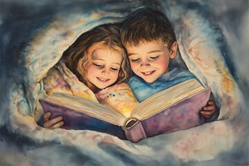 Children enjoying a magical story under a cozy blanket on a chilly evening. Generative AI