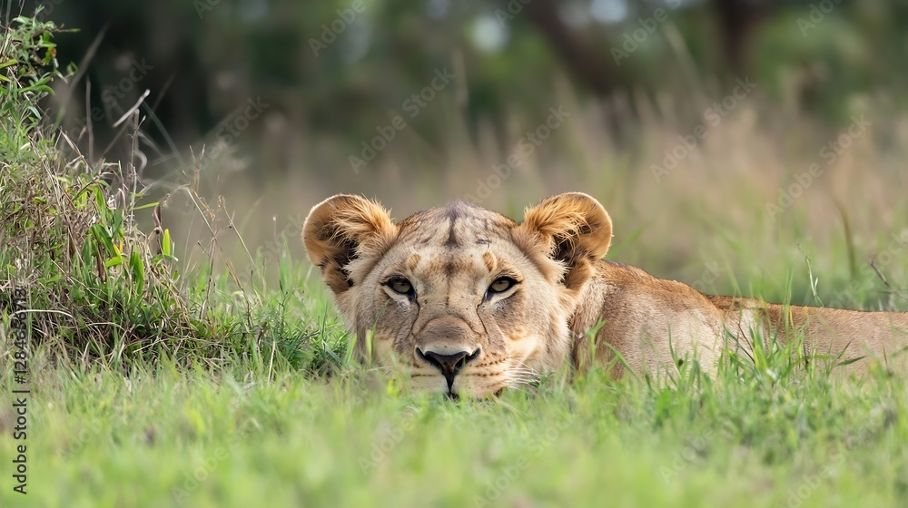Aufkleber majestic lioness resting in tall grass during golden hour in the wild : generative ai