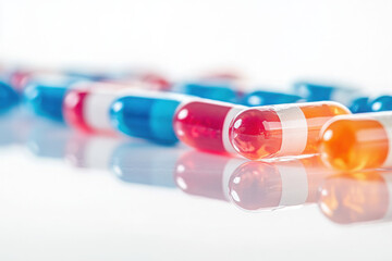 Close-up of colorful gelatin capsules scattered on a reflective surface, showcasing red, blue, and orange hues against a white background.