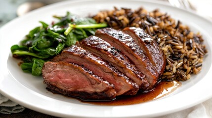 A plate of meat and rice with a green leaf on the side