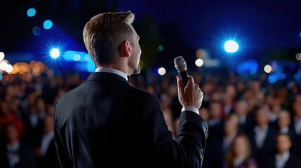 A man stands in front of a crowd, holding a microphone