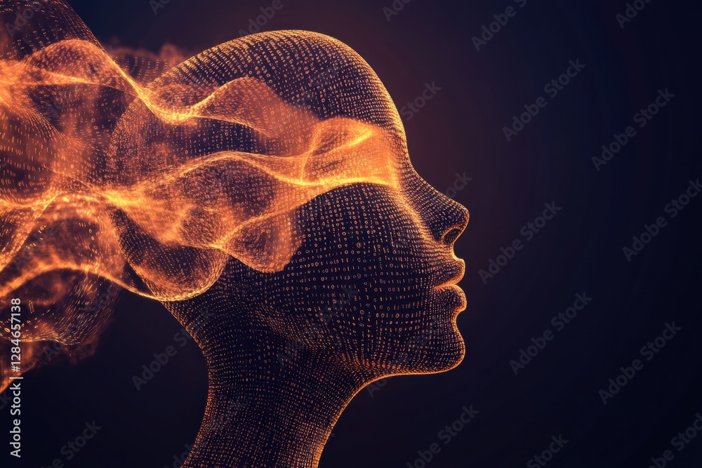 Aufkleber Human face dissolving into data stream representing AI concepts and digital evolution. Generative AI