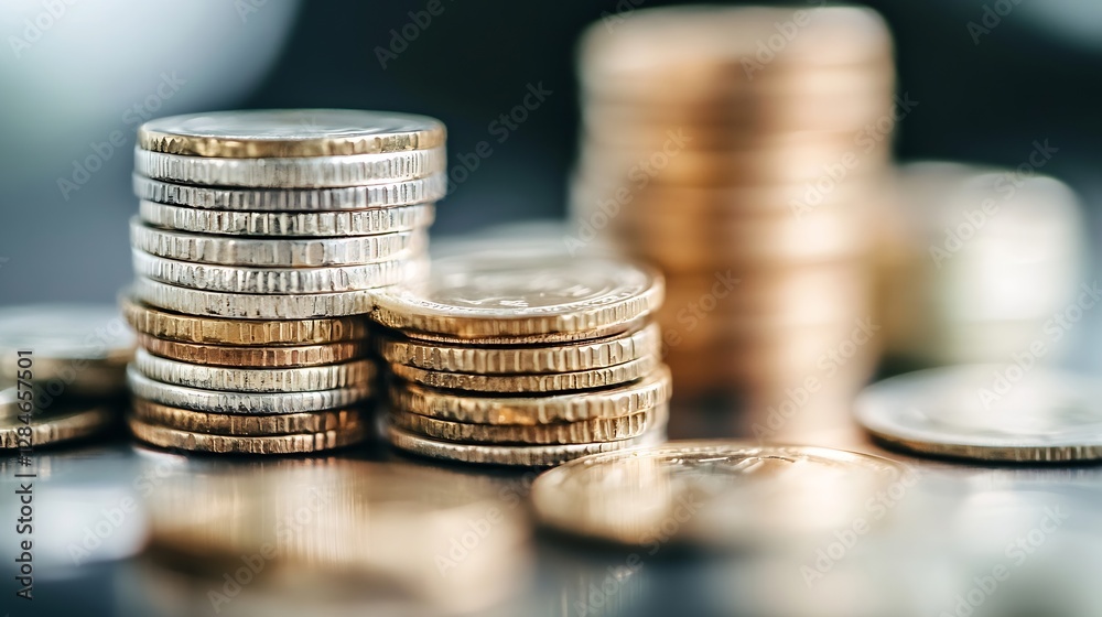 Aufkleber Stacks of Various Coins on a Wooden Surface Captured with a Shallow Depth of Field : Generative AI