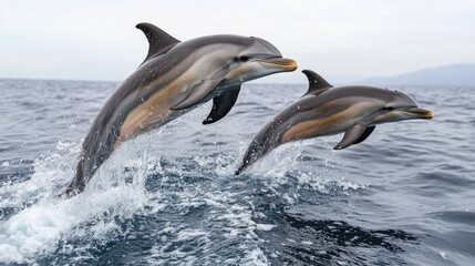 Fototapeta premium Two dolphins leaping in ocean waves. Possible stock photo use Nature wildlife image