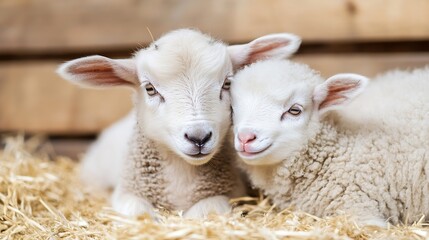 Obraz premium Endearing closeup of two adorable lambs resting together on straw in a cozy barn : Generative AI