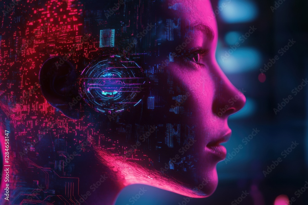 Poster futuristic profile of a human head showcasing cybernetic implants and a glowing robotic eye in a neo
