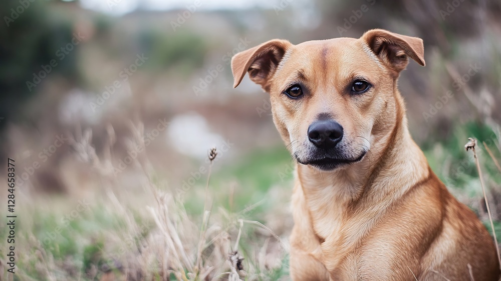 Poster Charming portrait of a dog sitting calmly in a grassy field displaying an expression of confidence : Generative AI