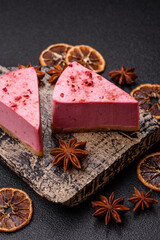 A piece of sweet cheesecake with raspberry or strawberry flavor