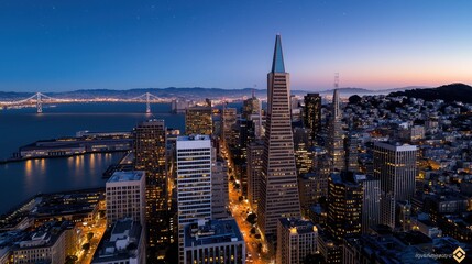 Obraz premium A city skyline at night with the San Francisco Bay Bridge in the background