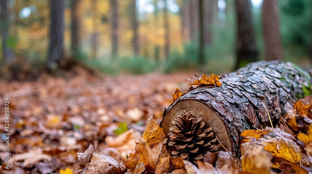 Poster serene forest scene with fallen leaves showcasing a pine cone on a log in vibrant autumn colors : ge