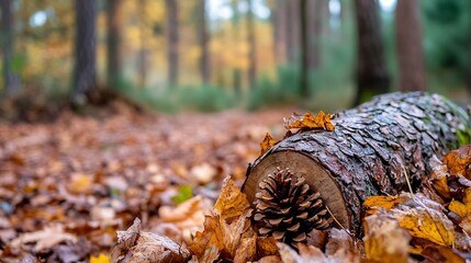 Fototapeta premium Serene forest scene with fallen leaves showcasing a pine cone on a log in vibrant autumn colors : Generative AI