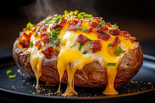 Cheesy Jacket Potato Overflowing with Melted Cheese, Piled High with Gooey, Indulgent Cheese Cascading Down the Sides, Creating a Rich, Cheesy Blanket