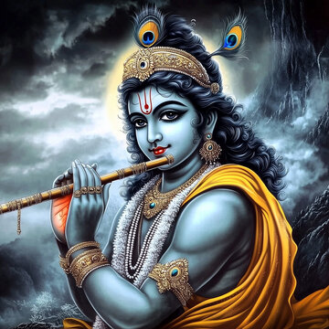 A detailed image of Lord Krishna, a central figure in Hindu mythology, set against a backdrop of a serene night sky. 