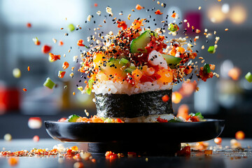 Extreme Kimbap Roll Overloaded with Fillings, Bursting with Vegetables, Rice, and Protein in a Chaotic, Exaggerated Fashion for a Visual Explosion of Ingredients