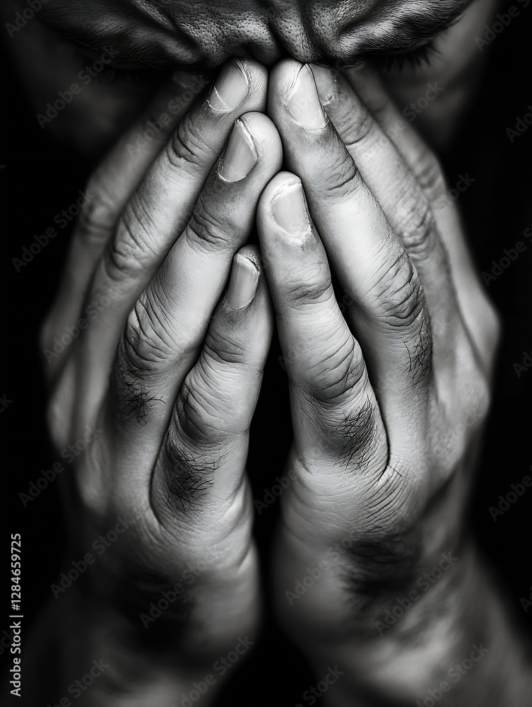 Poster emotional portrait of a person with hands covering their face expressing deep sadness : generative a