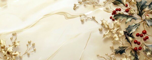Elegant holiday background with gold leaves and red berries on cream background