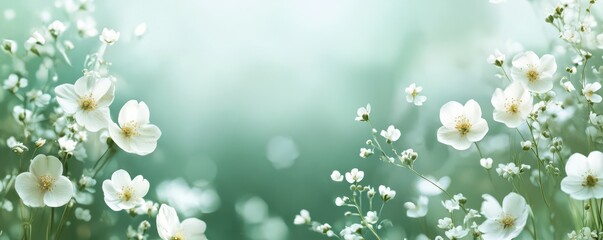 Delicate white flowers in serene green background with soft bokeh