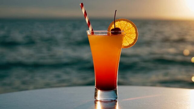 A Tequila Sunrise in a tall glass with a cherry and a slice of orange on the rim, placed on a table with a serene beach and sunset in the background