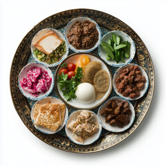 Traditional Seder plate (ke'ara) with six symbolic foods on a white background