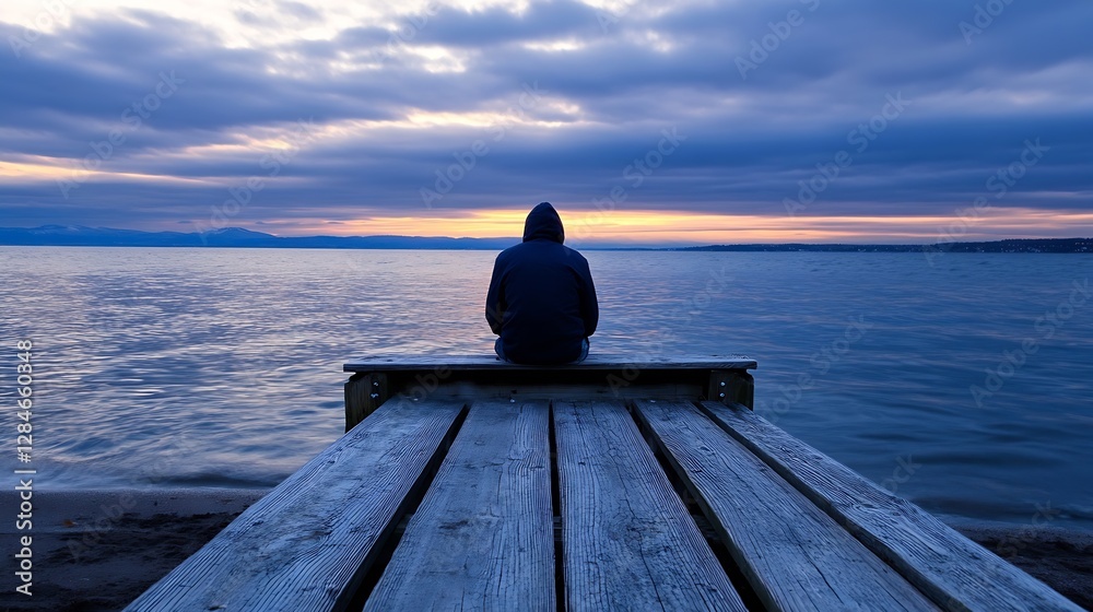 Poster pensive person sitting on a wooden dock at twilight looking out at the calm lakeside view : generati