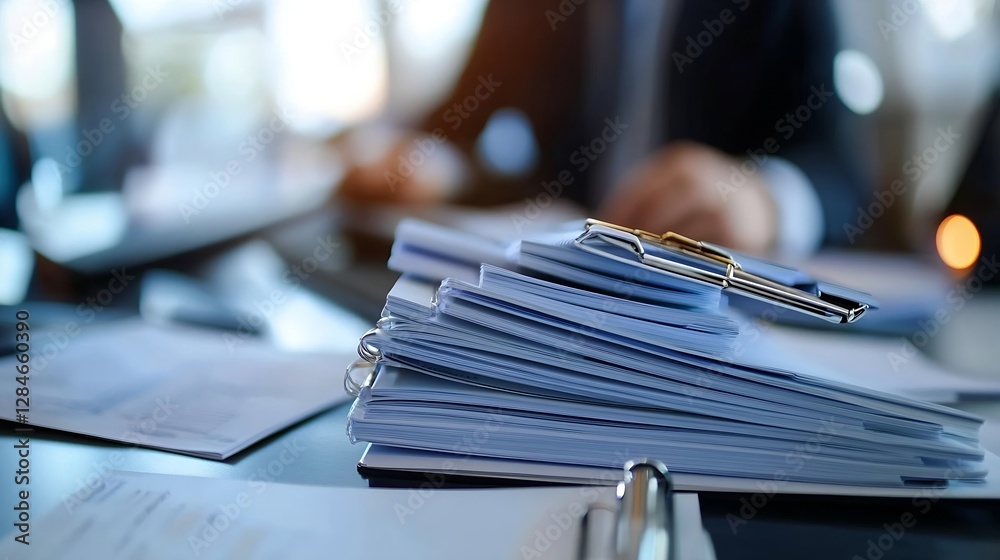 Poster closeup of paperwork and a pen on a desk indicating busy professional work : generative ai