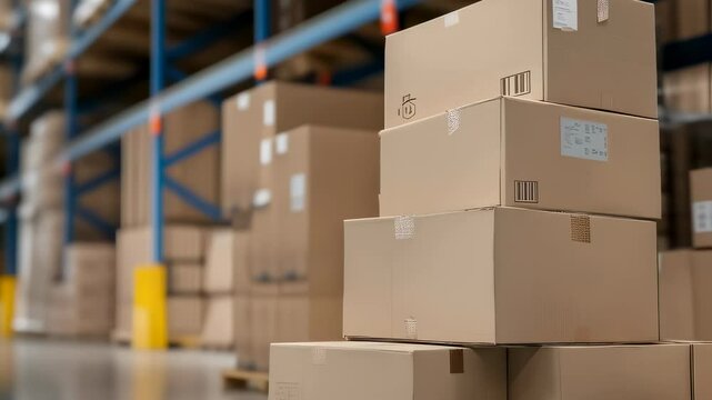 Cardboard boxes stacked in modern warehouse storage facility. Industrial logistics and freight distribution center. Supply chain management concept with organized shelving system with copy space