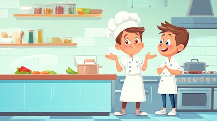 Kids chefs talking in a cartoon kitchen. Possible use Stock photo